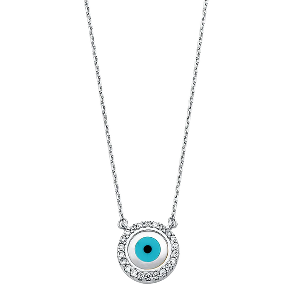 Evil Eye with CZ Necklace - 14k White Gold