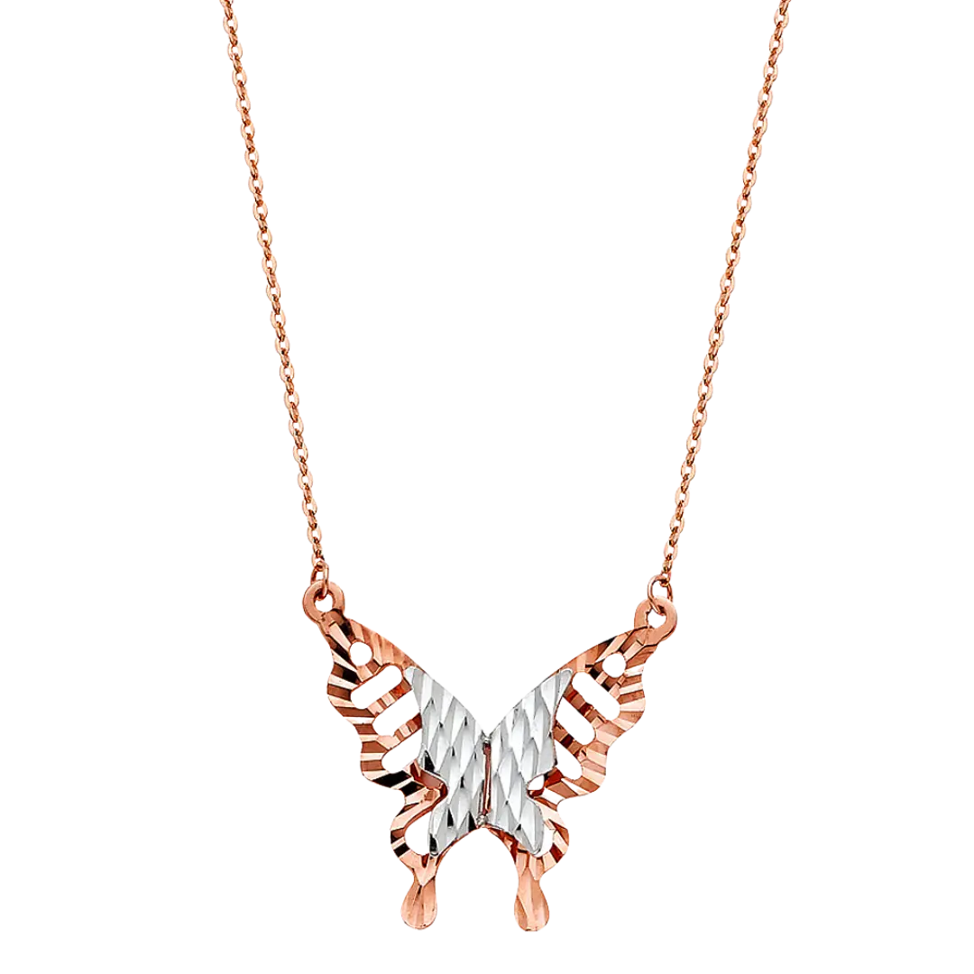 Pink Butterfly Necklace - 14k Two Tone Gold 