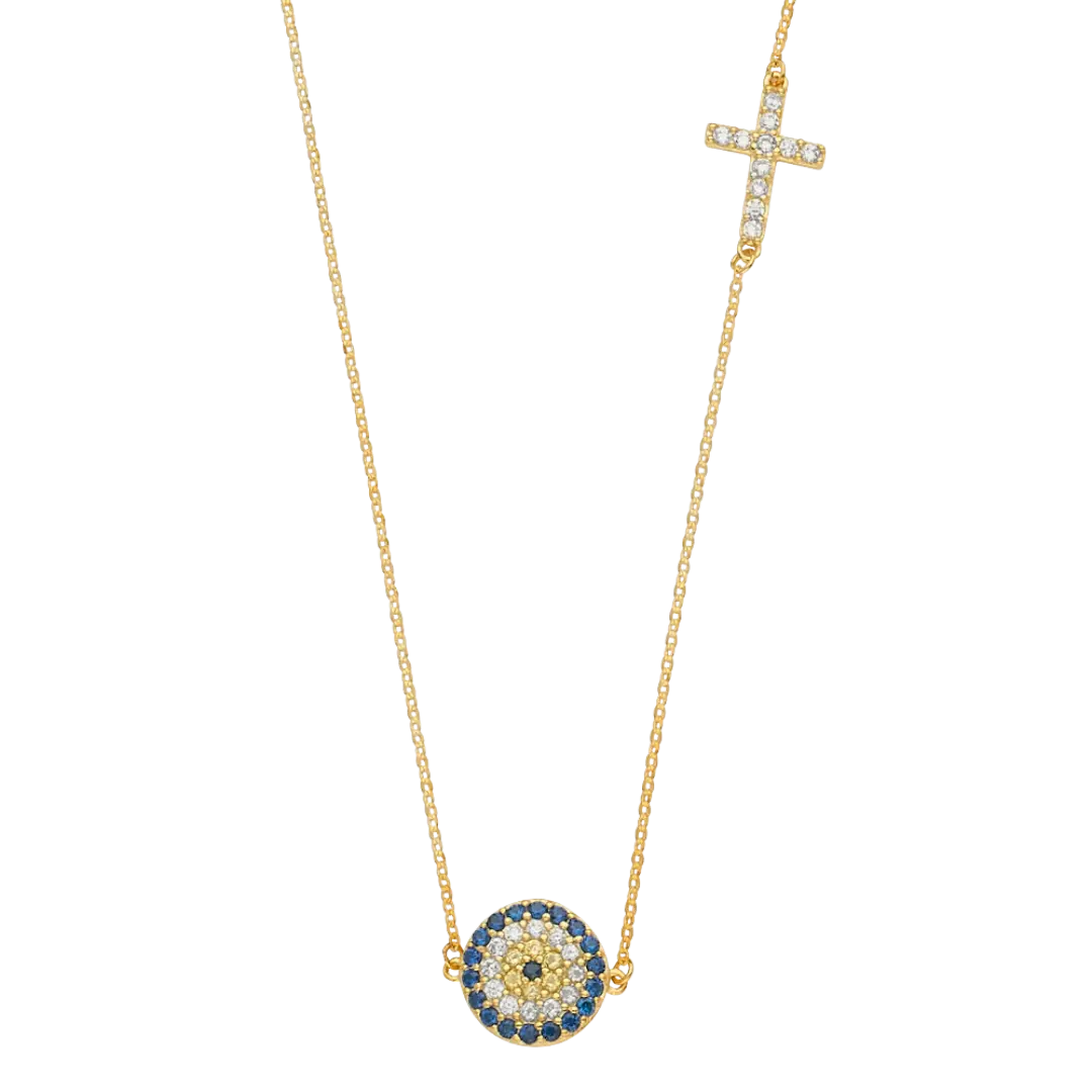 Evil Eye with Cross Necklace - 14k Yellow Gold