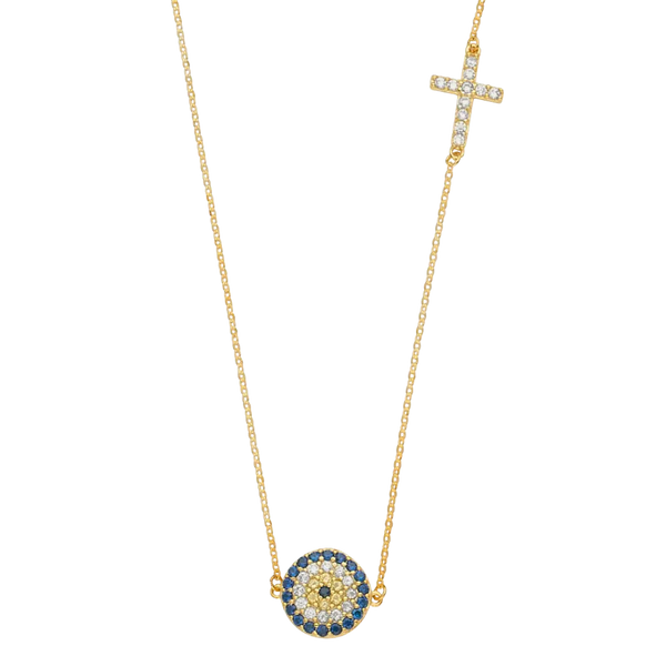 Evil Eye with Cross Necklace - 14k Yellow Gold