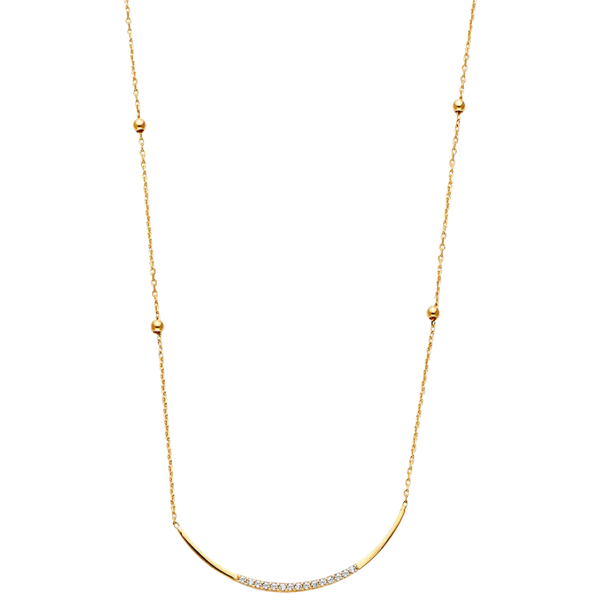 Curved CZ Bar with Balls Necklace - 14k Yellow Gold