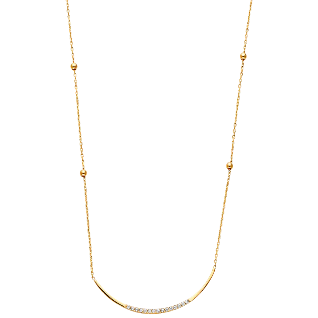 Curved CZ Bar with Balls Necklace - 14k Yellow Gold