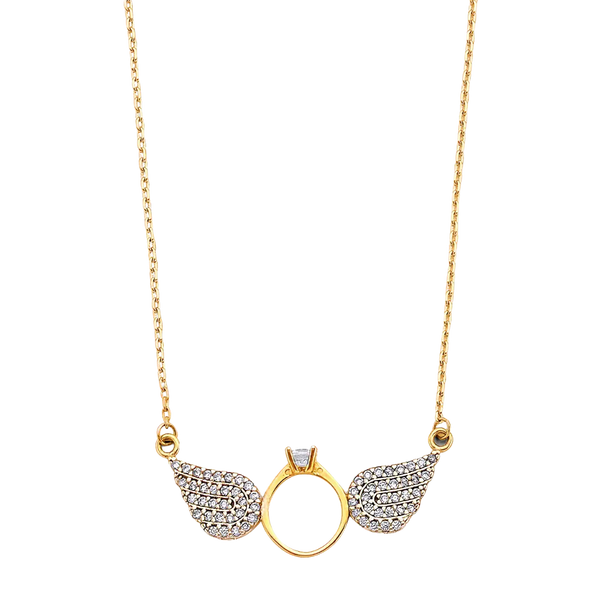 Double Angel CZ Wing Necklace - 14k Two Tone Gold