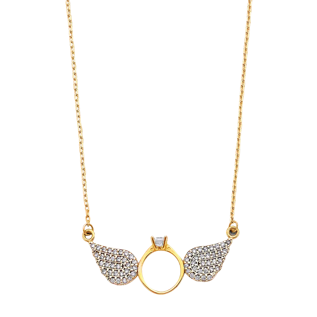 Double Angel CZ Wing Necklace - 14k Two Tone Gold