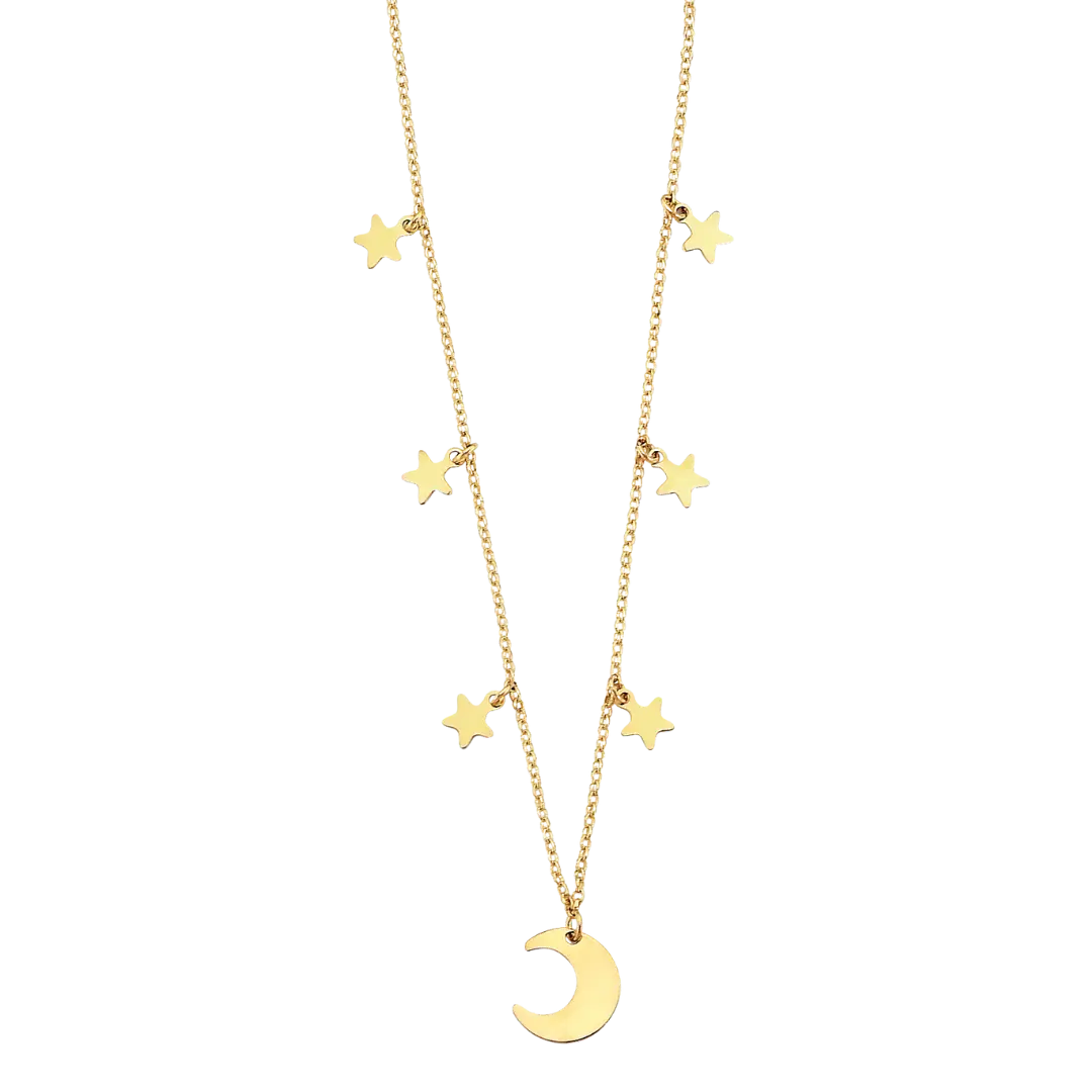 Moon and Stars CZ Necklace - 14k Yellow Gold