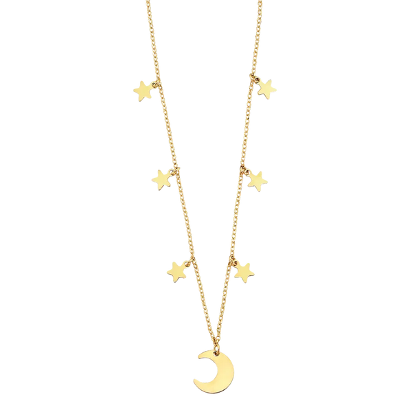 Moon and Stars CZ Necklace - 14k Yellow Gold