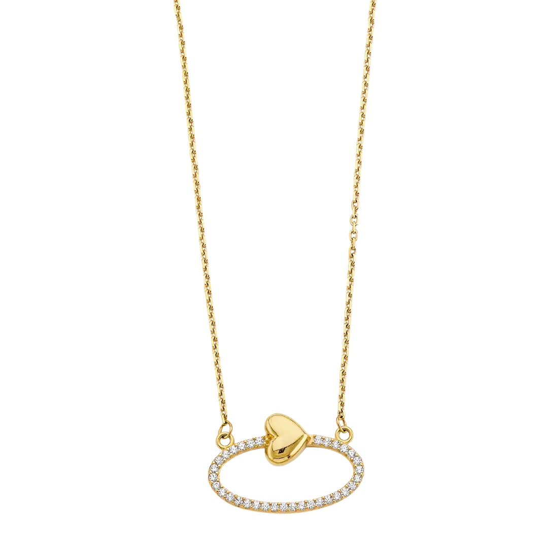 Oval Infinity CZ With Heart Necklace - 14k Yellow Gold