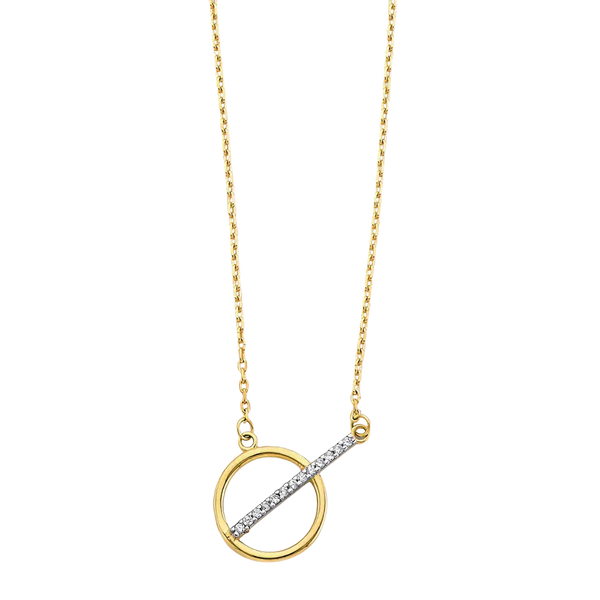 CZ Bar with Circle Necklace - 14k Two Tone Gold