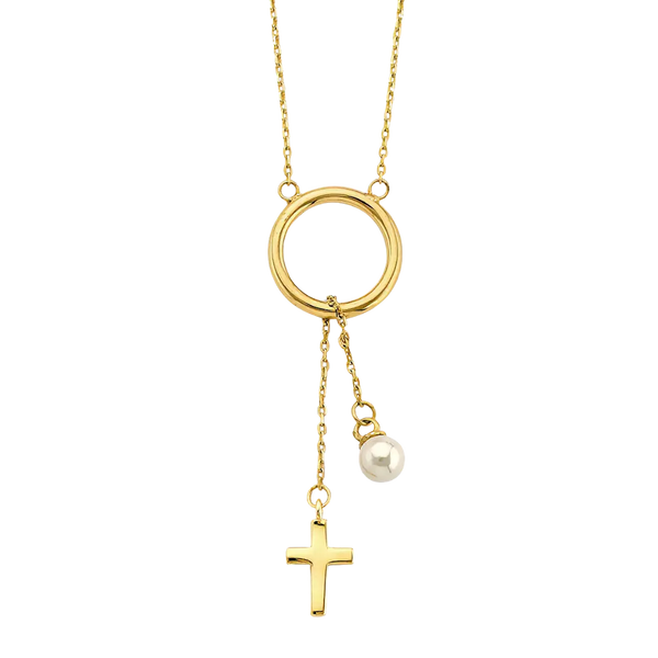 Circle Necklace with Hanging Cross & Pearl - 14k Yellow Gold