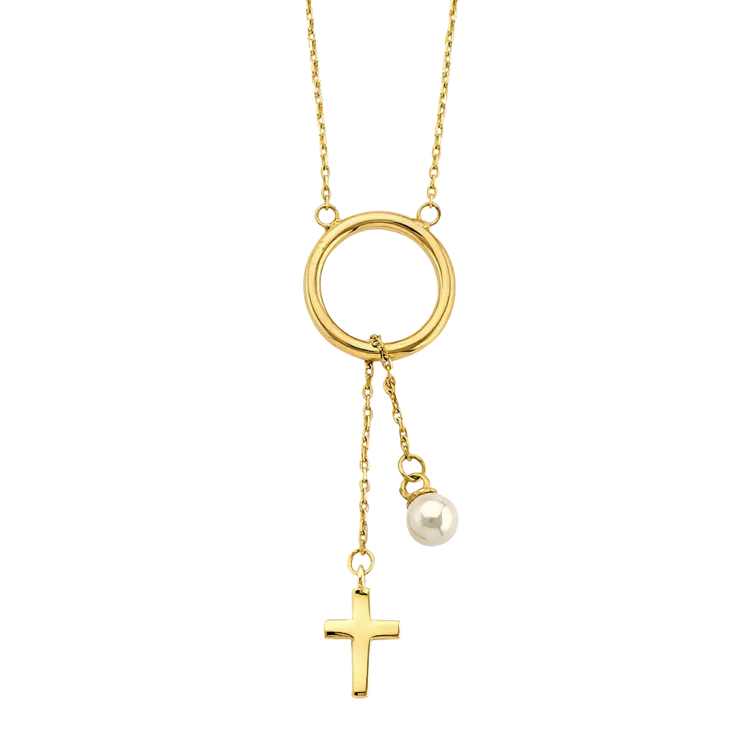 Circle Necklace with Hanging Cross & Pearl - 14k Yellow Gold