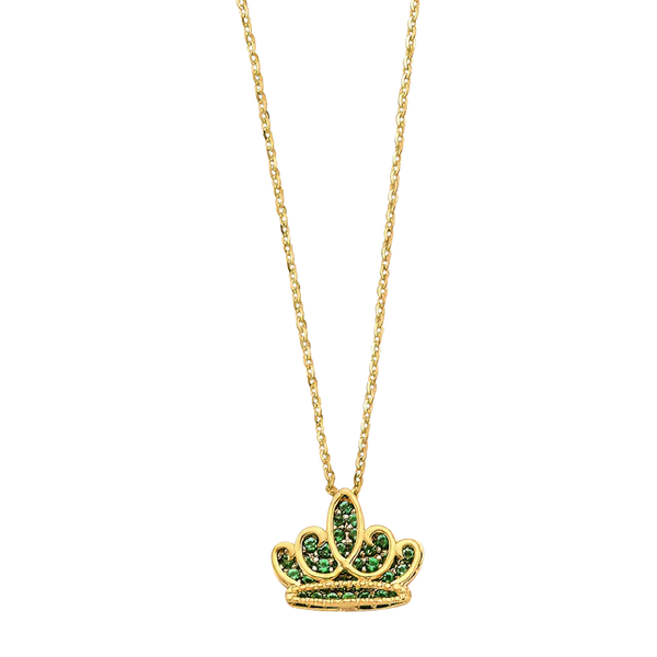 Green CZ Crown Necklace - 14k Yellow Gold