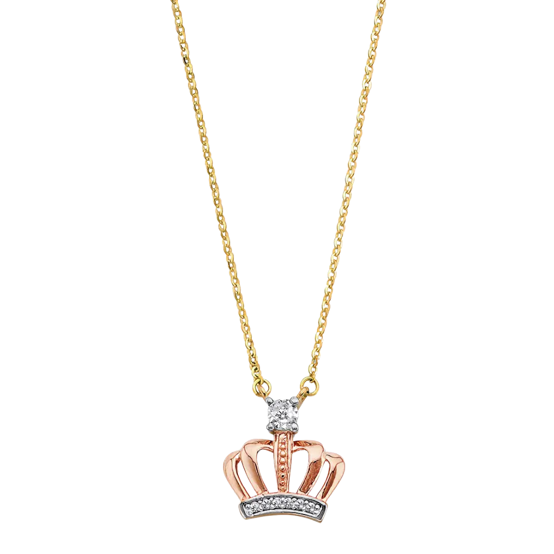 Pink CZ Crown Necklace - 14k Tri Color Gold