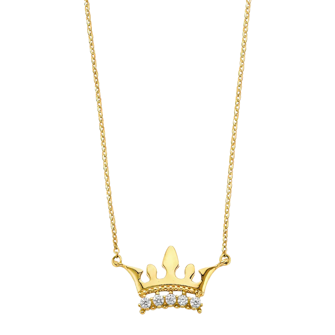 Crown with CZ Necklace - 14k Yellow Gold