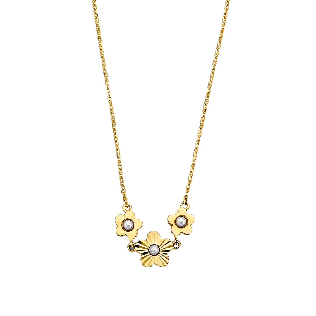 3 Flowers with Pearl Necklaces - 14k Yellow Gold