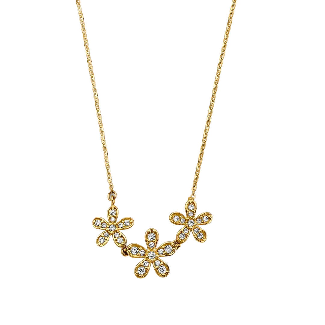 3 Flower with CZ Necklace - 14k Yellow Gold