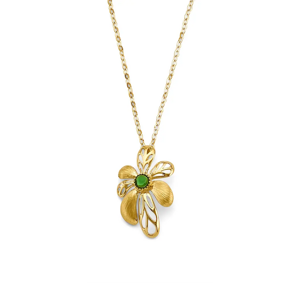 Green Stone Sunflower Necklace - 14k Yellow Gold