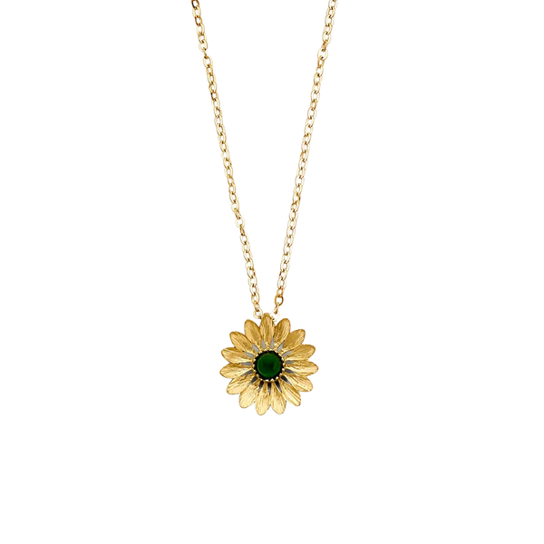 Green Stone Flower Necklace - 14k Yellow Gold