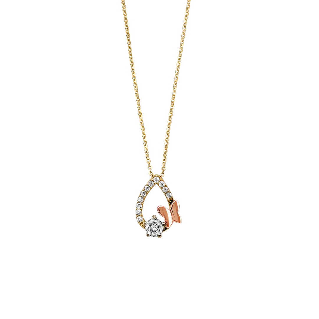 Tear Drop CZ with Butterfly Necklace - 14k Two Tone Gold