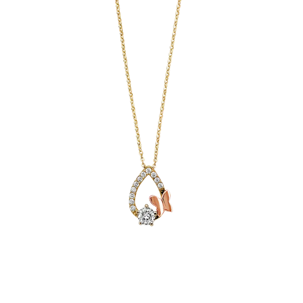 Tear Drop CZ with Butterfly Necklace - 14k Two Tone Gold