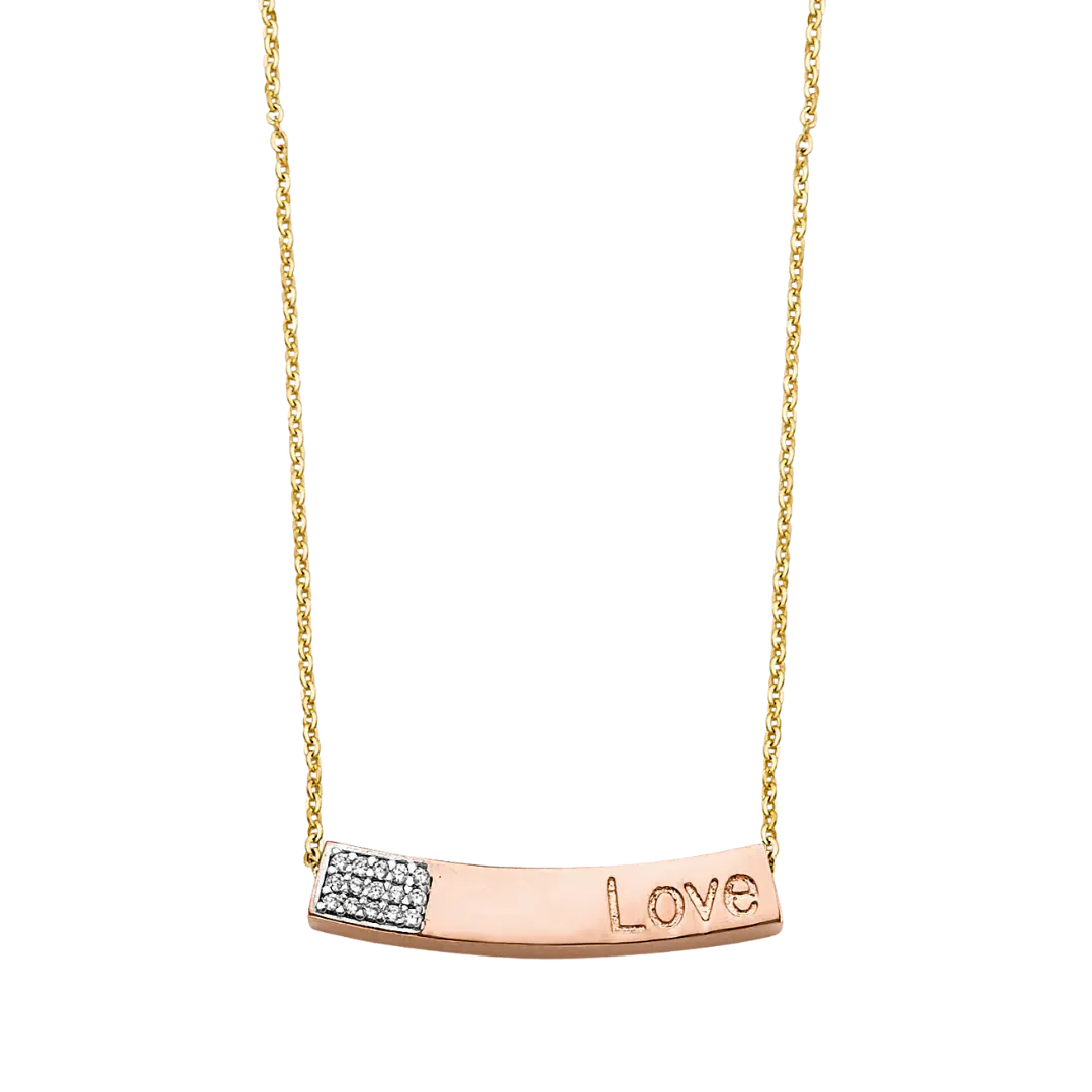 Curved CZ Love Pink Bar Necklace - 14k Tri Color Gold