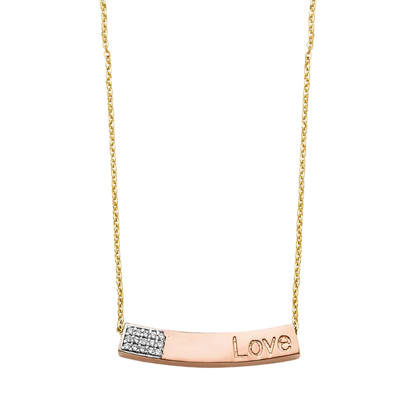 Curved CZ Love Pink Bar Necklace - 14k Tri Color Gold