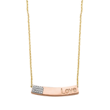 Curved CZ Love Pink Bar Necklace - 14k Tri Color Gold