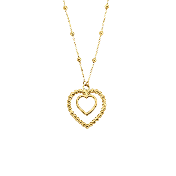 Two Heart Pendant Bead Necklace - 14k Yellow Gold