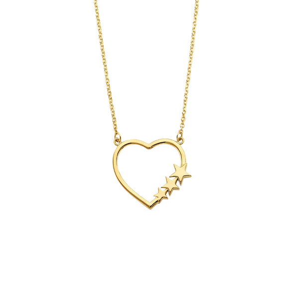 Open Heart with Three Stars Necklace - 14k Yellow Gold