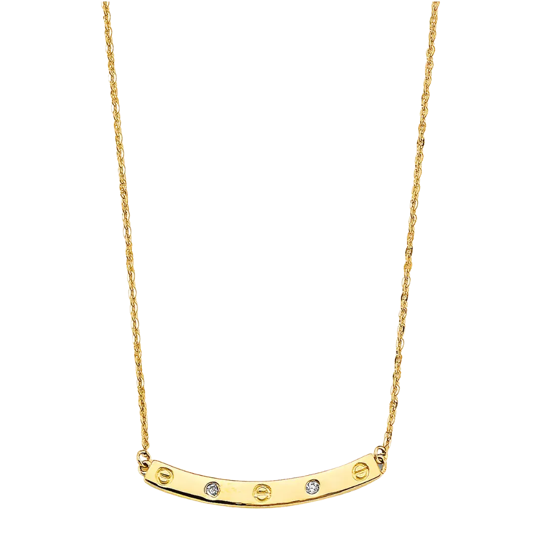 Curved Bar with CZ & Screw Necklace - 14k Yellow Gold