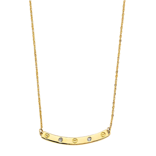 Curved Bar with CZ & Screw Necklace - 14k Yellow Gold