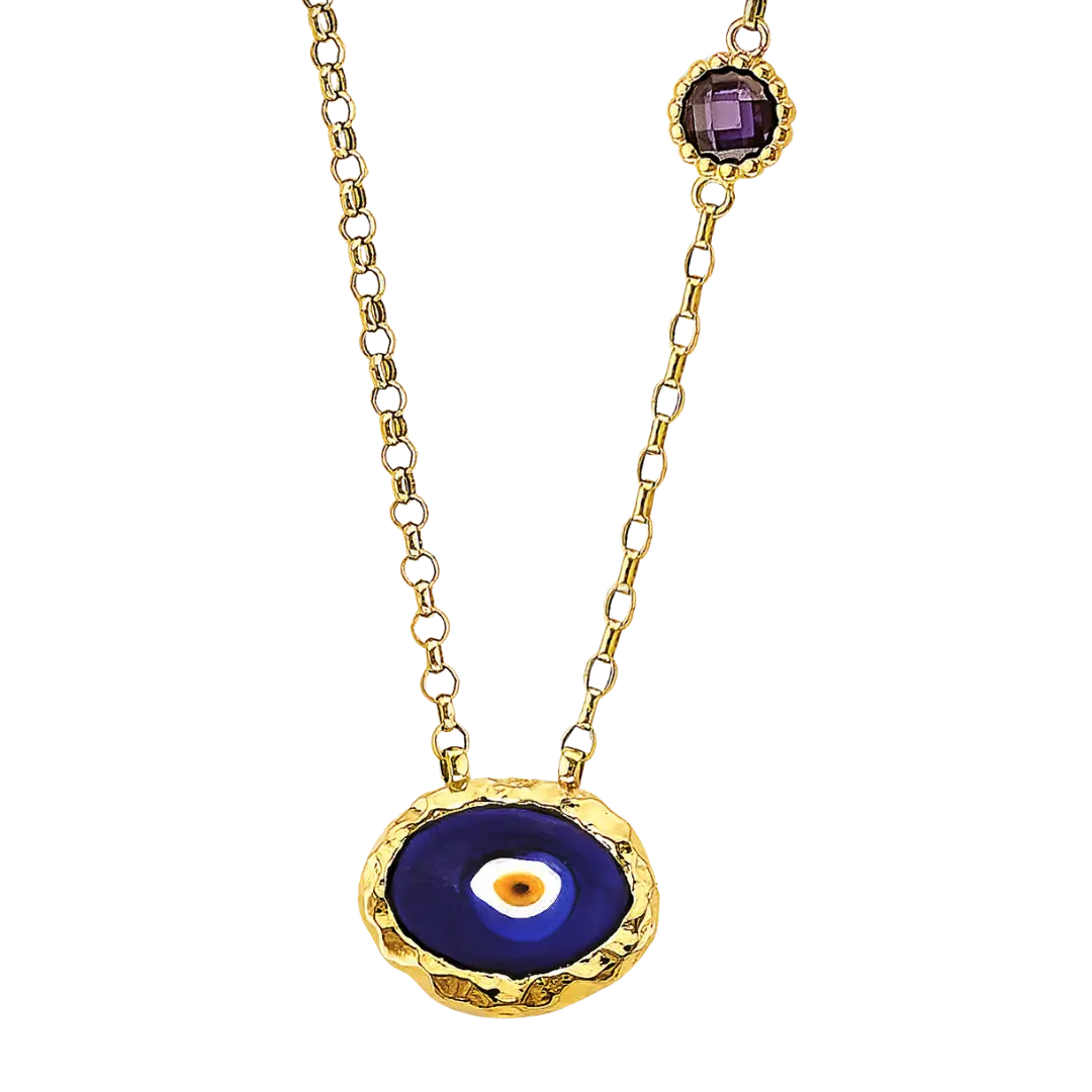 Fancy Blue Evil Eye CZ Necklace - 14k Yellow Gold