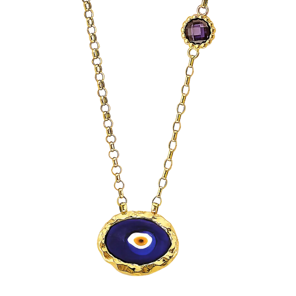 Fancy Blue Evil Eye CZ Necklace - 14k Yellow Gold