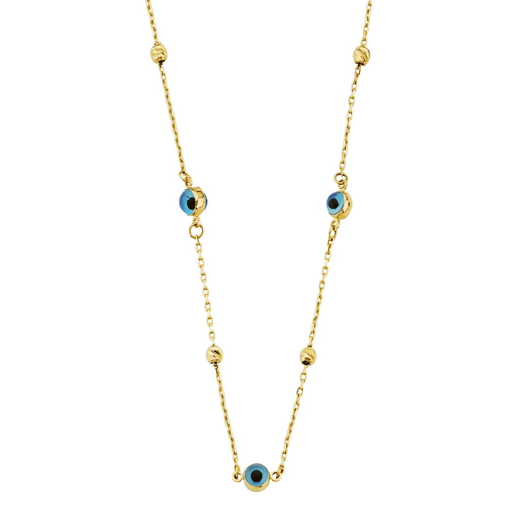 Sky Blue Color Evil Eye Necklace - 14k Yellow Gold