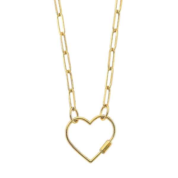 Open Heart Lock Paperclip Necklace - 14k Yellow Gold