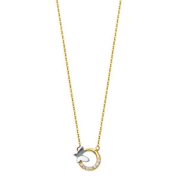 Round CZ with Butterfly Necklace - 14k Two Tone Gold