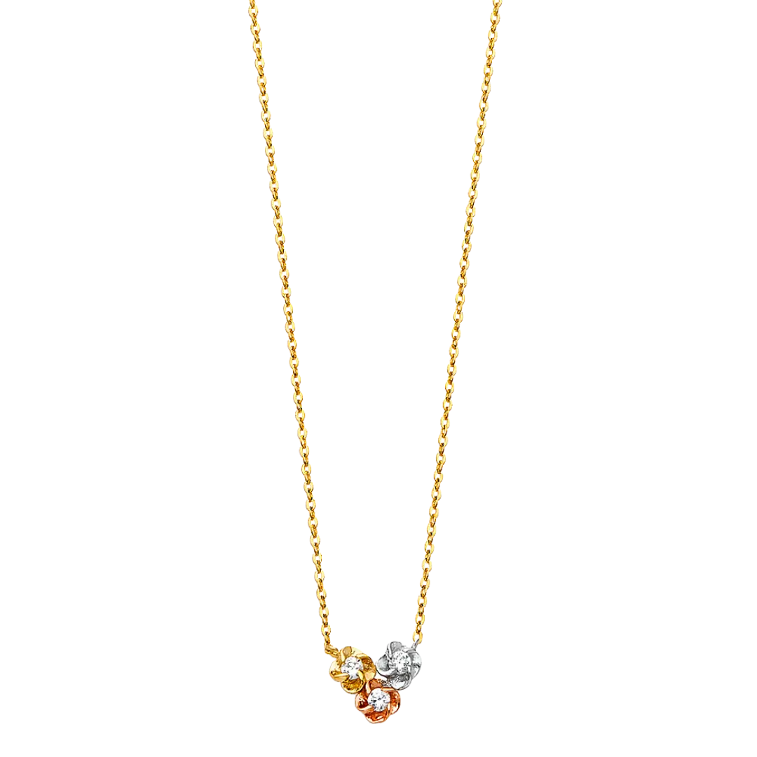 3 Flower with CZ Necklace - 14k Tri Color Gold