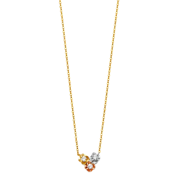 3 Flower with CZ Necklace - 14k Tri Color Gold