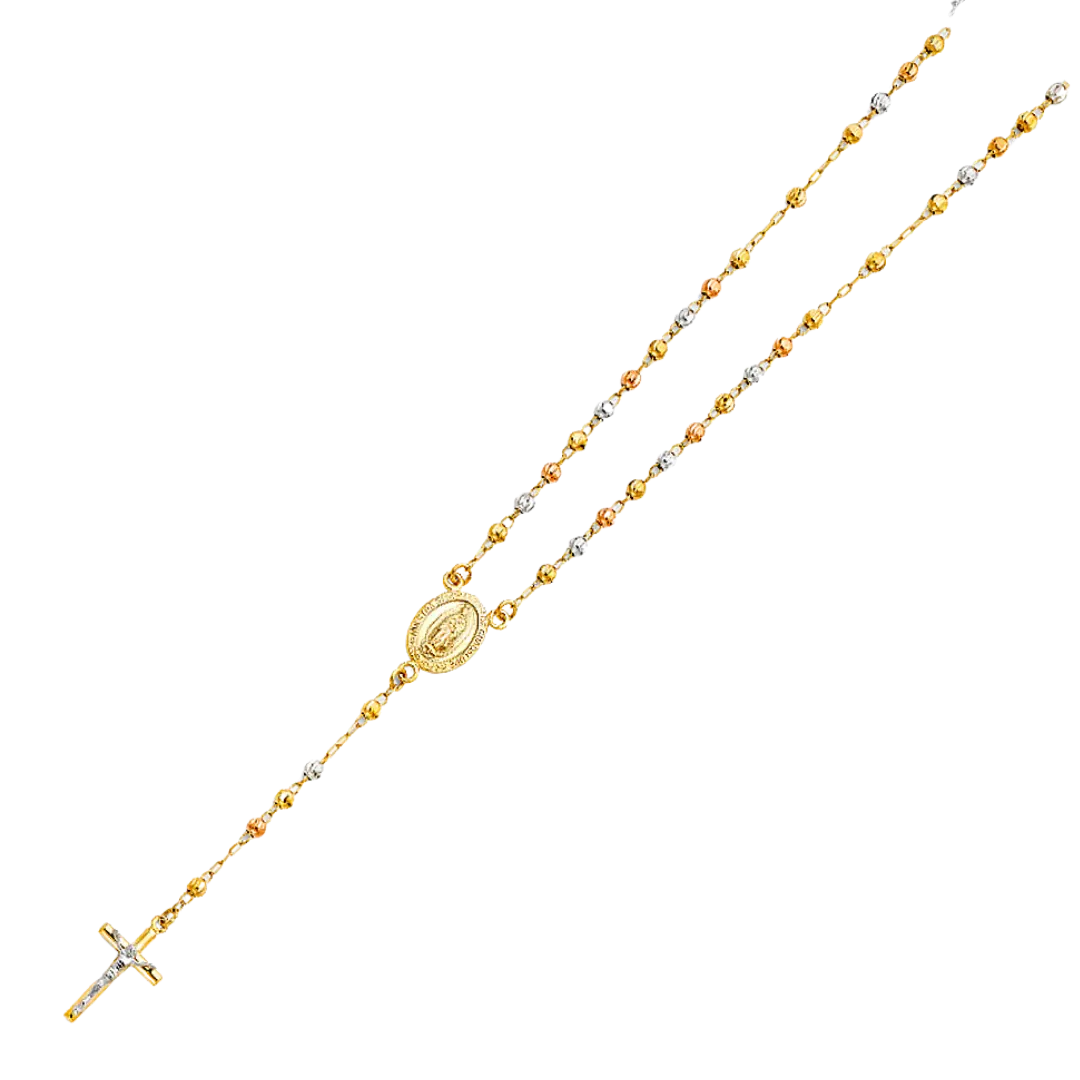 Moon Ball Rosary Necklace - 14k Tri Color Gold 3mm