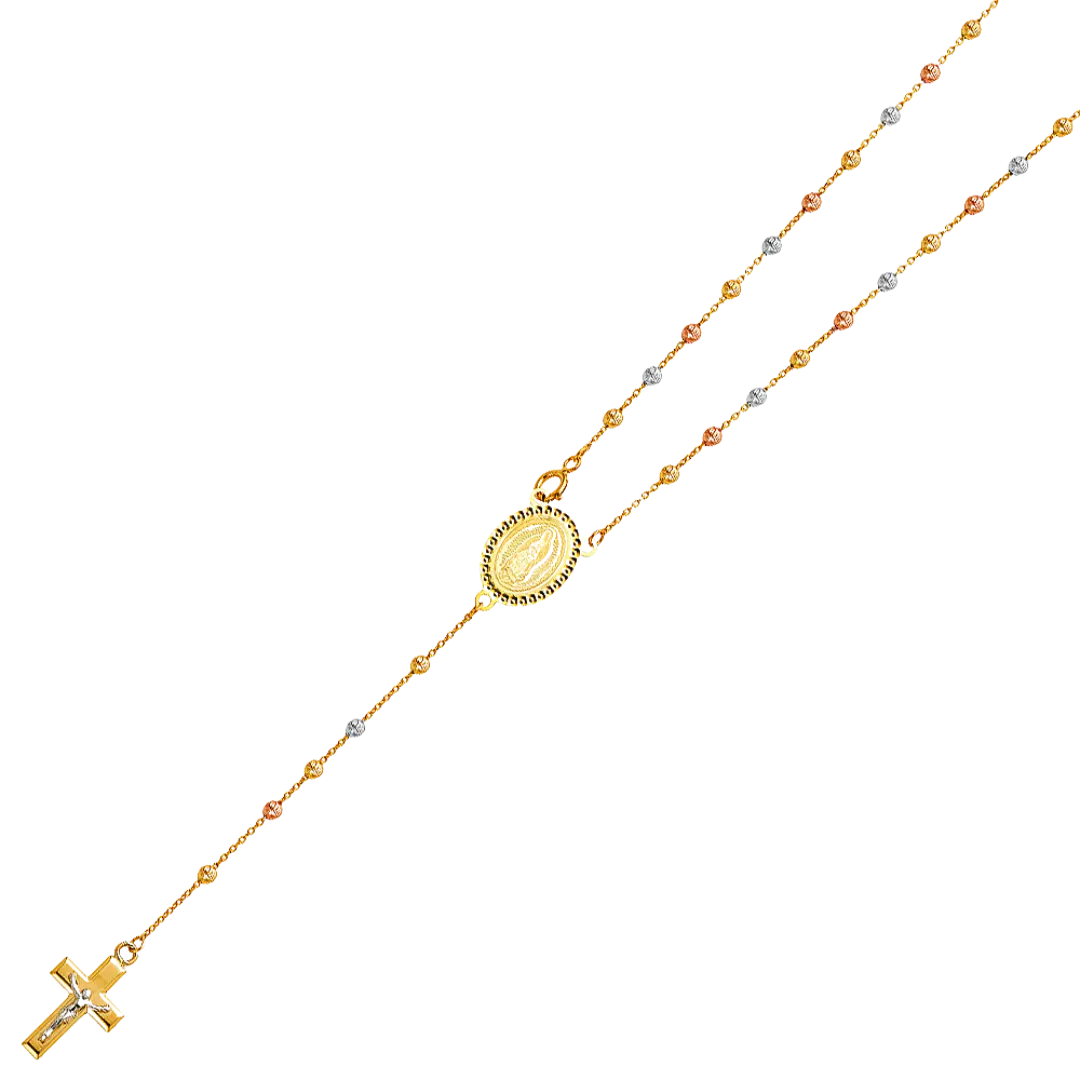 Moon Ball Rosary Necklace - 14k Tri Color Gold 2.5mm