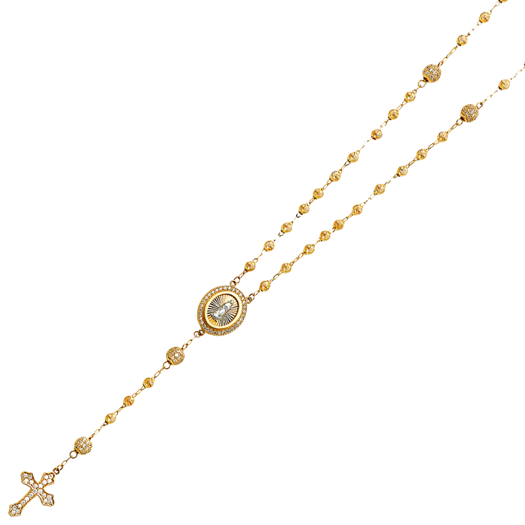 Moon Ball with CZ Rosary Necklace - 14k Yellow Gold 3mm