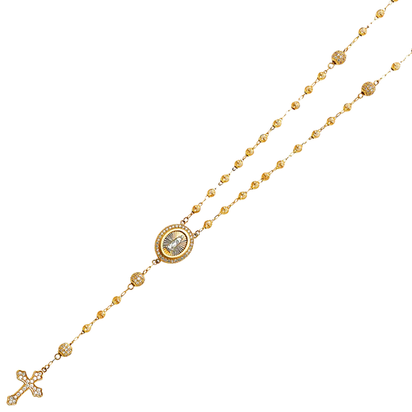 Moon Ball with CZ Rosary Necklace - 14k Yellow Gold 3mm