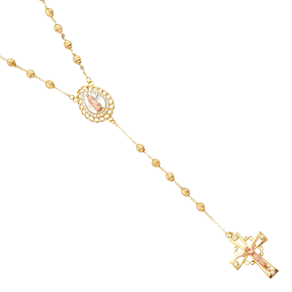 Moon Ball with CZ Rosary Necklace - 14k Tri Color Gold 3mm