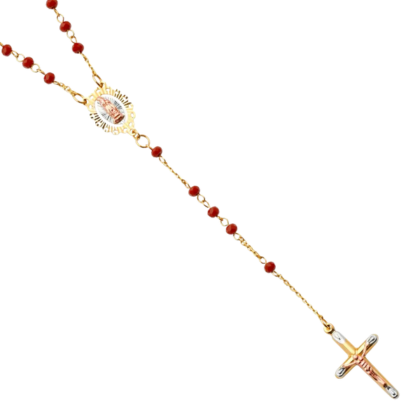 Red Gem Stone Rosary Necklace - 14k Tri Color Gold