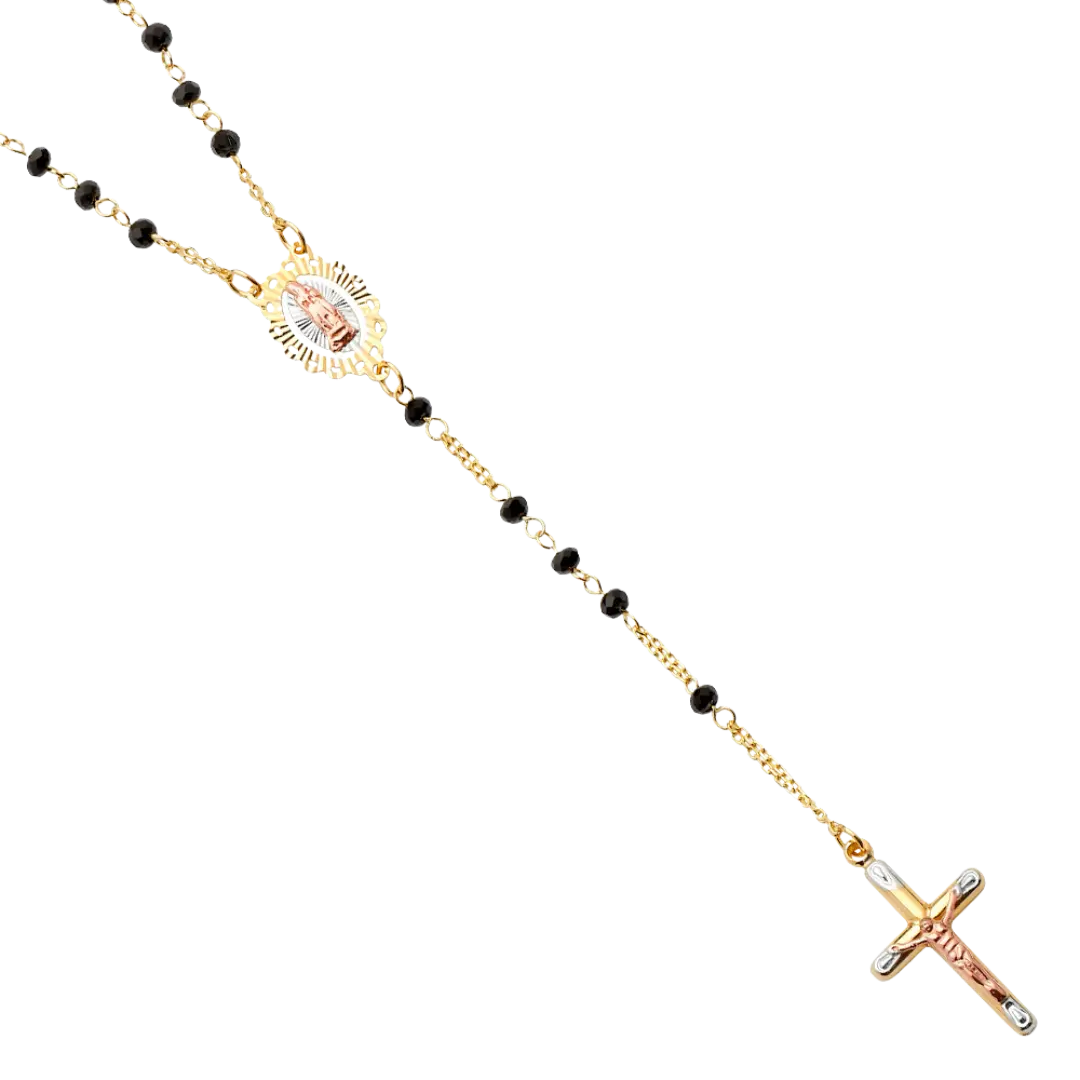 Black Gem Stone Rosary Necklace - 14k Tri Color Gold