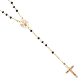 Black Gem Stone Rosary Necklace - 14k Tri Color Gold