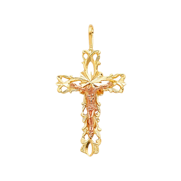 Fancy Crucufix Cross with CZ Pendant - 14k Two Tone Gold