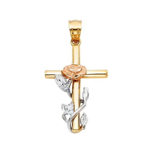 Cross with Rose Pendant - 14k Tri Color Gold