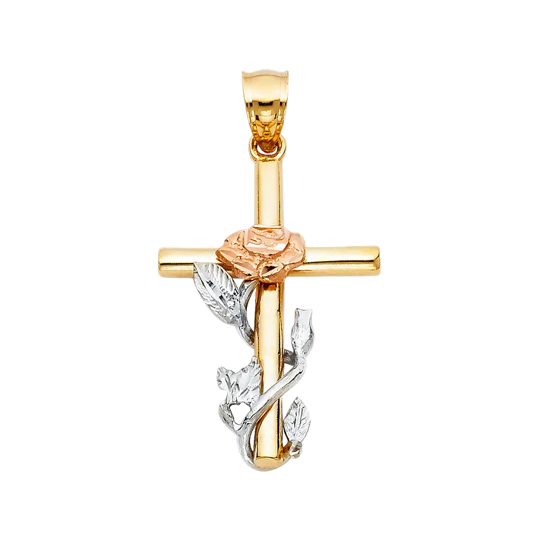 Cross with Rose Pendant - 14k Tri Color Gold