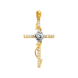 Cross with CZ and Rose Pendant - 14k Two Tone Gold