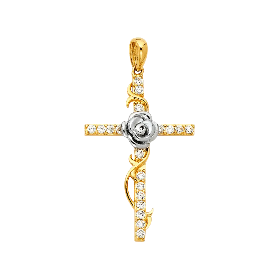 Cross with CZ and Rose Pendant - 14k Two Tone Gold